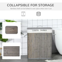 HOMCOM 100L Laundry Basket with Lid String Handles, 2 Section Collapsible Hamper Removable Lining Foldable Water-Resistant Dirty Clothes Storage, Grey(m-6)