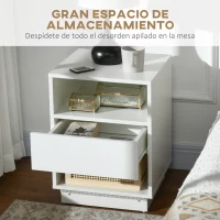 HOMCOM Mesita de Noche con Luz LED Mesilla de Noche con Mando a Distancia Cajón de Alto Brillo y 2 Estantes 40x40x55 cm Blanco(m-5)