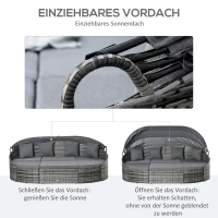 Outsunny Rattan Sonneninsel 4-teilige Liegeinsel mit Sonnendach Sitzgruppe 4 Kissen Metall Grau 230 x 145 x 80 cm(m-5)