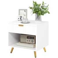 HOMCOM Elegant Bedside Table, with Drawer and Shelf - White/Gold Tone(m-10)