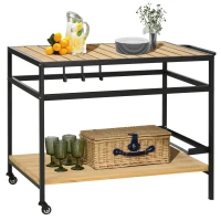 Outsunny Servierwagen im Industrie-Design, wetterbeständig, 3 Haken, 1 Regal,107 cm x 65 cm x 80 cm, Schwarz +Natur(m-1)