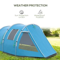 Outsunny 3-4 Man Tunnel Tent, Two Room Camping Tent with Windows, Portable Carry Bag, for Fishing, Hiking, Sports, Festival - Blue(m-5)