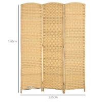 HOMCOM Paravan Interior Pliabil cu 3 Panouri Împletit din PP și Lemn de Pin, 135x1,7x180 cm, Lemn Natural(m-3)