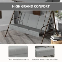 Outsunny Balancelle de jardin convertible 3 places grand confort avec 3 coussins toit réglable acier polyester gris(m-7)