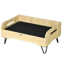 PawHut Cama de Madera para Perros Gatos Cama Cesta para Mascotas Pequeñas con Cojín Acolchado Asas y Patas de Acero 70x45x32 cm Roble y Negro(m-10)