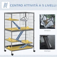 PawHut Gabbia per Conigli a 5 Livelli con 4 Ingressi e Amaca, in Metallo e PP, 80x52x128 cm, Argento e Nero(m-6)