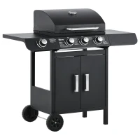 Outsunny Barbecue a Gas con Coperchio, 4 Bruciatori da 11.6kW, Fornello, Mensola e 2 Ruote, 110x50x100cm Nero(m-1)