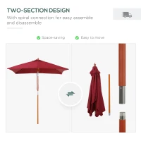 Outsunny 2m x 1.5m Garden Parasol Umbrella with Tilting Sunshade Canopy, Outdoor Market Table Umbrella with Wood and Bamboo Frame, Wine Red(m-7)