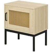 HOMCOM Mesita de Noche con Puerta de Ratán Mesilla de Noche Estilo Boho con Patas de Metal para Dormitorio 43x30x51 cm Roble(m-10)