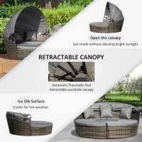 Outsunny Outdoor PE Rattan Garden Furniture with Cushioned, Patio Wicker Conversation Furniture Set, Round Daybed with Retractable Canopy, Coffee Table and Three Pillows, Dark Grey/Grey(m-5)