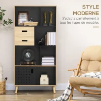 HOMCOM Bibliothèque meuble de rangement 2 tiroirs 7 compartiments porte coulissante 80 x 40 x 165 cm noir et naturel(m-4)