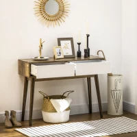 HOMCOM Tavolo Consolle da Ingresso e Soggiorno con 2 Cassetti Bianchi, Piano d'appoggio e Gambe in Legno, 100x35x75cm(m-7)