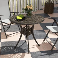 Outsunny 78 cm Round Garden Dining Table with Parasol Hole Antique Cast Aluminium Outdoor Table Only, Bronze Tone(m-7)