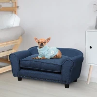 PawHut Dog Sofa for XS and S Size Dogs, Pet Chair Couch with Thick Sponge Padded Cushion, Kitten Lounge Bed with Washable Cover, Wooden Frame - Blue(m-2)