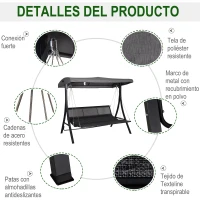 Outsunny Balancín con Toldo Ajustable de 3 Plazas Columpio de Jardín con Dosel Cojines para Exterior Terraza Patio Carga 270 kg 200x115x168 cm Gris(m-7)