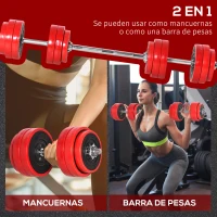 HOMCOM Juego de Mancuernas 30 kg Ajustables 2 en 1 con 12 Discos 2 Barras y Biela Ajustable para Entrenamiento de Fuerza Levantamiento de Pesas Hogar Gimnasio Oficina Negro y Rojo(m-4)