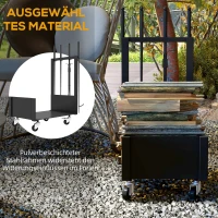 Outsunny Feuerholzgestell mit Rädern, viel Zubehör, Metallrahmen, bis 60 kg, 48 x 30 x 76 cm, Schwarz(m-6)