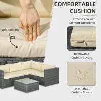 Outsunny 3 Pieces PE Rattan Garden Furniture Set with 10 cm Thick Cushions, 4 Seater Garden Corner Sofa Set with Glass Top Coffee Table, Outdoor Furniture for Patio, Porch, Beige(m-5)