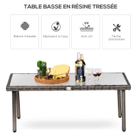 Outsunny Table basse de jardin plateau verre trempé 5 mm résine tressée imitation rotin gris(m-4)