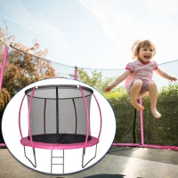 HOMCOM Cama Elástica Multifuncional Estable para Exterior e Interior Patio Gimnasio Trampolín Grande con Red Seguridad y Escalera Carga 100kg para Adultos y Niños Φ244x205 cm Rosa(m-2)