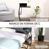 HOMCOM Mesa Auxiliar para Sofá y Cama Mesita Auxiliar Pequeña en Forma de C con Bolsillo de Almacenaje Estilo Industrial para Salón 53x35x64,5 cm Marrón Rústico(m-4)