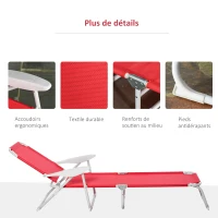 Outsunny Bain de Soleil Pliable - transat inclinable 4 Positions - Chaise Longue Grand Confort avec accoudoirs - métal époxy textilène - dim. 186L x 66l x 80H cm - Rouge(m-6)