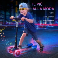 HOMCOM Monopattino a 3 Ruote per Bambini Piccoli 3-6 Anni, Pieghevole, Regolabile con Musica, Ruote Luminose e Razzi, Blu(m-6)