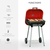 HOMCOM Barbecue à Charbon BBQ Grill sur Pied avec Couvercle et roulettes dim. 48L x 52,5 x 79,5H cm Acier émaillé Rouge(m-4)