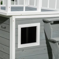 PawHut Hundehütte, Dachterrasse, Treppe, Fenster, Bodenabstand, Naturholz, hellgrau, 121 x 77 x 78cm(m-8)