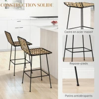 HOMCOM Lot de 2 tabourets de bar chaise haute design bohème Hauteur 66 cm avec repose-pieds acier noir assise en rotin PE(m-7)