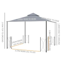 Outsunny 4 x 3.35(m) Patio Metal Gazebo Canopy Garden Tent Sun Shade, Outdoor Shelter with 2 Tier Roof, Netting and Curtains, Steel Frame, Grey(m-3)