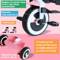 HOMCOM Tricycle enfant évolutif pare-soleil pliable canne télescopique amovible 115L x 54l x 96H cm métal rose blanc noir(m-4)