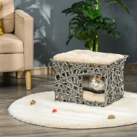 PawHut Cesta de Ratán para Gatos de 2 Pisos Cueva Cama de Gato Tipo Caseta con 2 Cojines Suaves Estructura de Metal 51x42x37 cm Gris y Beige(m-4)