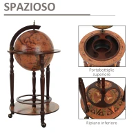 HOMCOM Mappamondo Bar, Minibar da Casa, Mappamondo Portabottiglie e Porta Liquori in Legno con 3 Ruote Ф47x90cm(m-4)