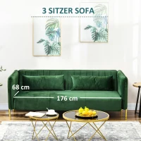 HOMCOM Sofa 3-Sitzer-Sofa Couch, inkl. 2 Kissen, Samtoptik, Retro-Design, abnehmbarer Bezug, 195 cm x 88 cm x 76 cm Grün(m-5)