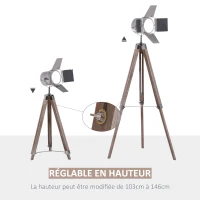 HOMCOM Lampadaire trépied projecteur style industriel néo-rétro hauteur réglable 65L x 65l x 103-146H cm bois acier métalisé(m-4)