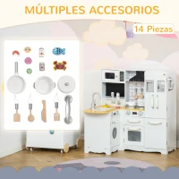 HOMCOM Cocina de Juguete de Madera para Niños de +3 Años con Sonidos 14 Accesorios Cocinita Infantil con Teléfono Fregadero Extraíble Microondas y Grifo 82x65x87 cm Blanco(m-6)