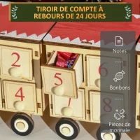 HOMCOM Calendrier de l'avent LED en forme de train en bois Décoration de Noël Train miniature sur table- 1 lumière avec 24 tiroirs 40 x 8 x 11 cm(m-5)