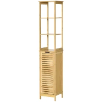 kleankin Mobile Bagno a 3 Ripiani e 1 Credenza, Design a Doghe, Bambù, 34x30x173cm(m-10)