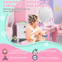 HOMCOM Coiffeuse Enfant Design Licorne - Tabouret Inclus - dim. 49L x 34l x 90H cm - tiroir, Miroir - MDF - Rose Blanc(m-5)