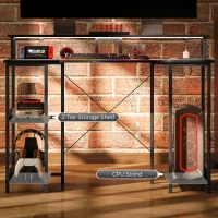HOMCOM Birou Reversibil pentru Calculator cu Prize, Lumini LED, Suport Dublu și Rafturi Reglabile, 120x50x89,5 cm, Negru(m-8)