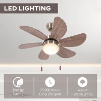 HOMCOM Ceiling Fan with LED Light, Flush Mount Ceiling Fan Lights with 6 Reversible Blades, Pull-chain Switch, Walnut Brown(m-5)
