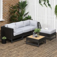Outsunny 5 Piece Outdoor PE Rattan Corner Sofa Set with Cushions, Wicker Rattan Garden Furniture  with Wood-Effect Top Table, Brown(m-2)