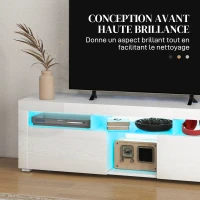 HOMCOM Meuble banc TV, meuble de télévision, jusqu'à 55 pouces, avec LED, étagères et placards, 150 x 38 x 45 cm, blanc laqué(m-7)