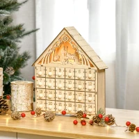 HOMCOM Adventskalender mit LED-Beleuchtung, 24 Schubladen, Krippenszene, 26,6x6x30 cm, Holzoptik(m-2)