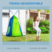 Outsunny Columpio con Tienda Infantil Columpio Nido con Puerta Enrollable y 2 Ventanas de Malla para Niños y Adultos Carga Max. 200 kg Interior y Exterior Ø100x180 cm Verde y Azul(m-4)