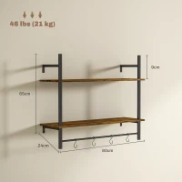 HOMCOM Wall Mounted Floating Shelves with 4 Hooks, Rustic Wall Shelf Unit for Living Room, Entryway, Rustic Brown(m-3)