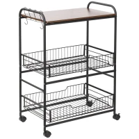 HOMCOM Desserte cuisine 3 niveaux, chariot de service, chariot de rangement à roulettes avec 2 paniers extractibles, étagère et crochets latéraux, 60 x 38 x 85,5 cm, noyer(m-1)