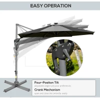 Outsunny 3m Solar LED Cantilever Parasol Adjustable Garden Umbrella w/ Base Dark Grey(m-5)