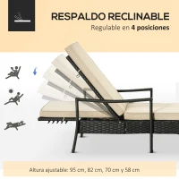 Outsunny Tumbona de Ratán de Jardín Chaise Longue con Respaldo Ajustable en 4 Posiciones Cojines Acolchados y Desenfundables para Terraza Patio Exterior 192x72x58-95 cm Marrón y Beige(m-4)